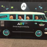 GVSU eLearning team in cardboard bus cut out with the Blackboard Ally logo on May 5, 2026